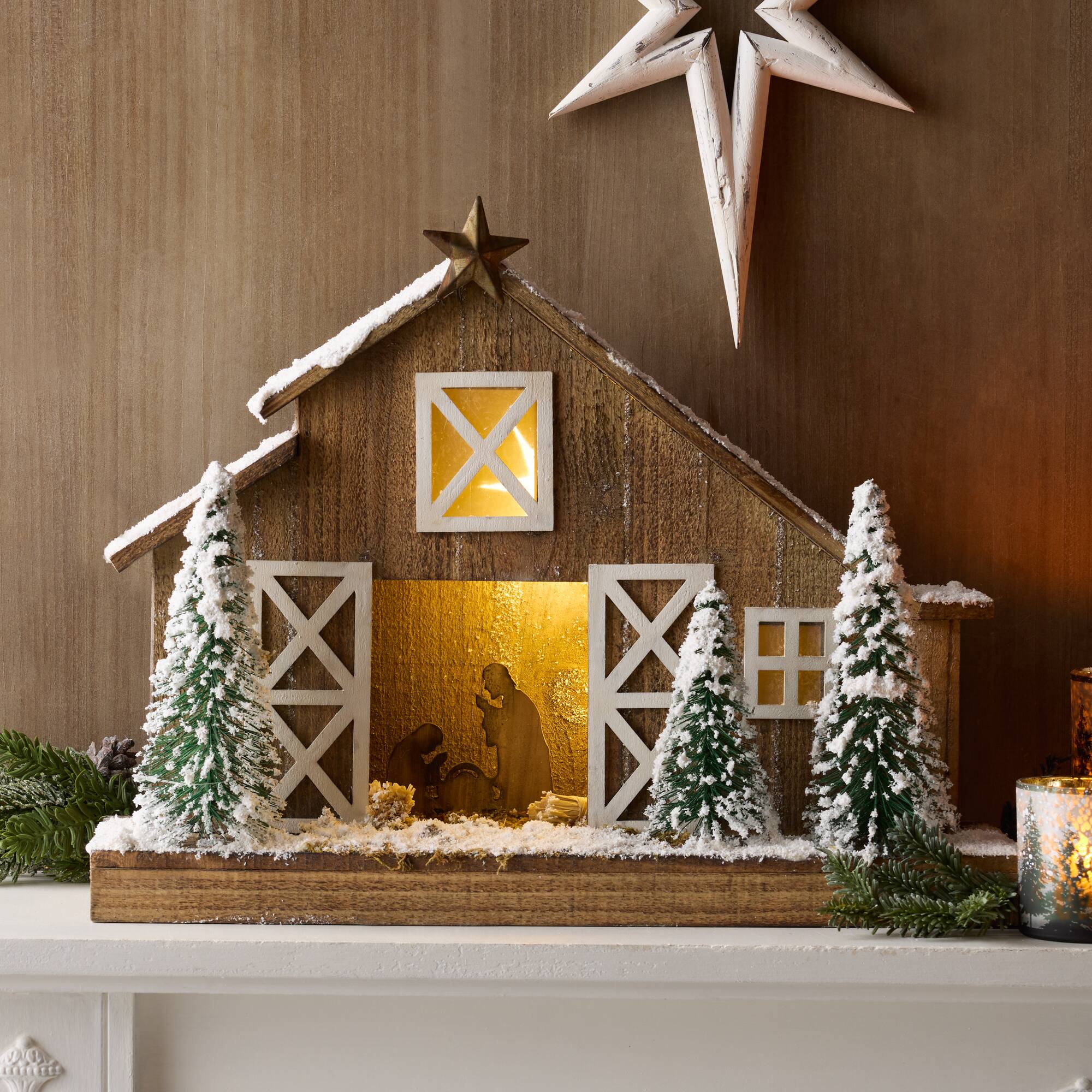 19.5" Brown LED Flocked Nativity Stable Display